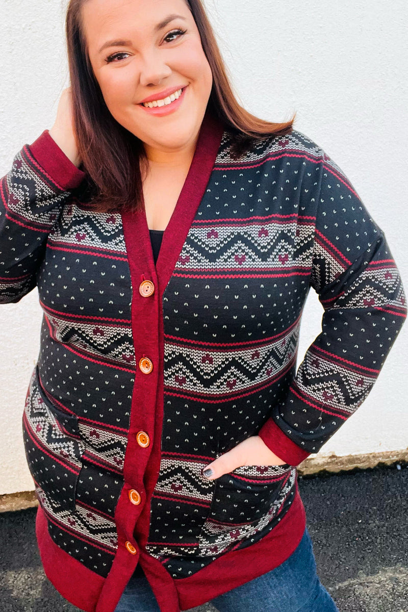 Classic Burgundy Holiday Print Button Cardigan