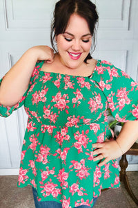 Sumptuous In Smocked Green & Coral Flower Print Babydoll Top