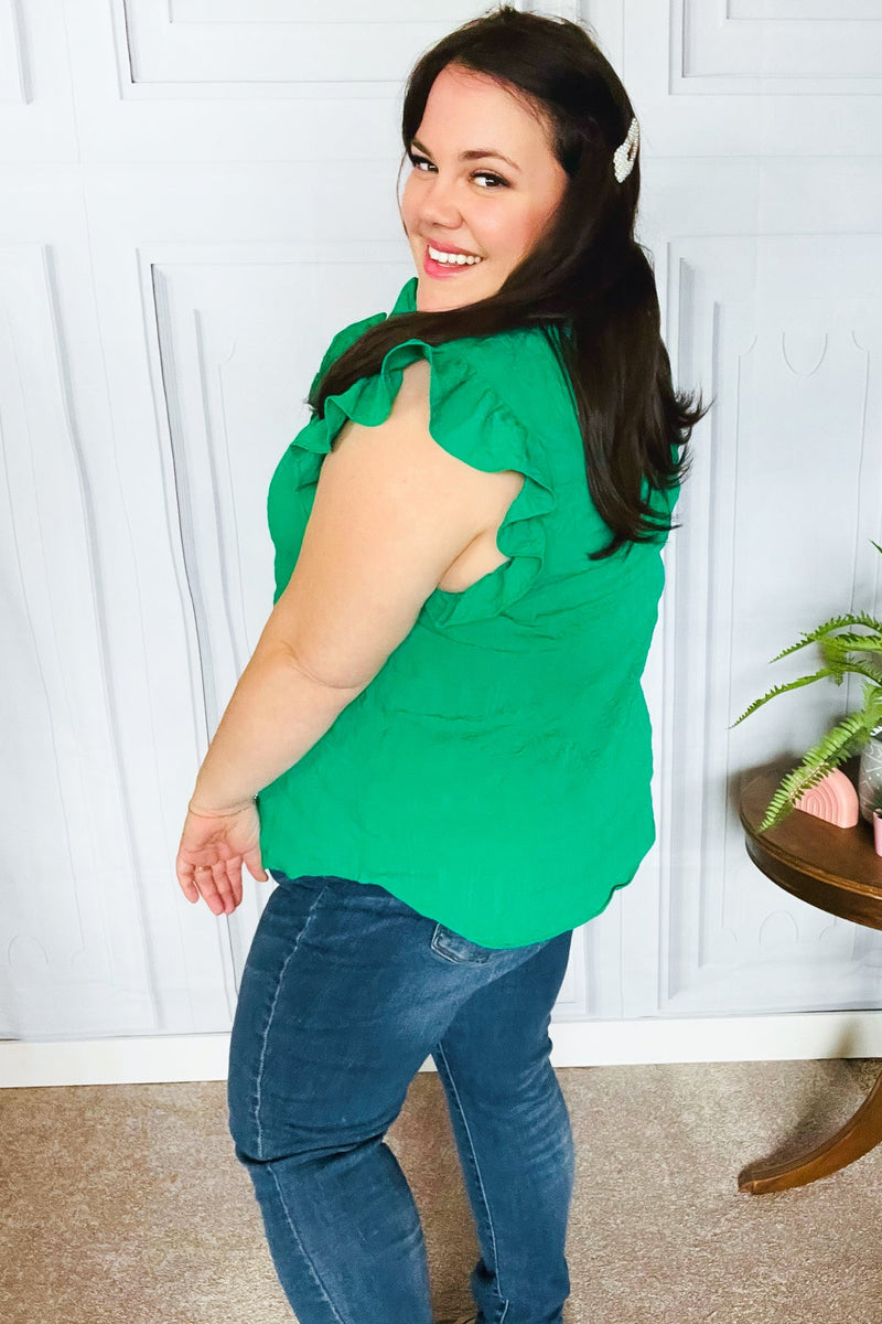 Glamorous In Kelly Green Textured Ruffle Mock Neck Top