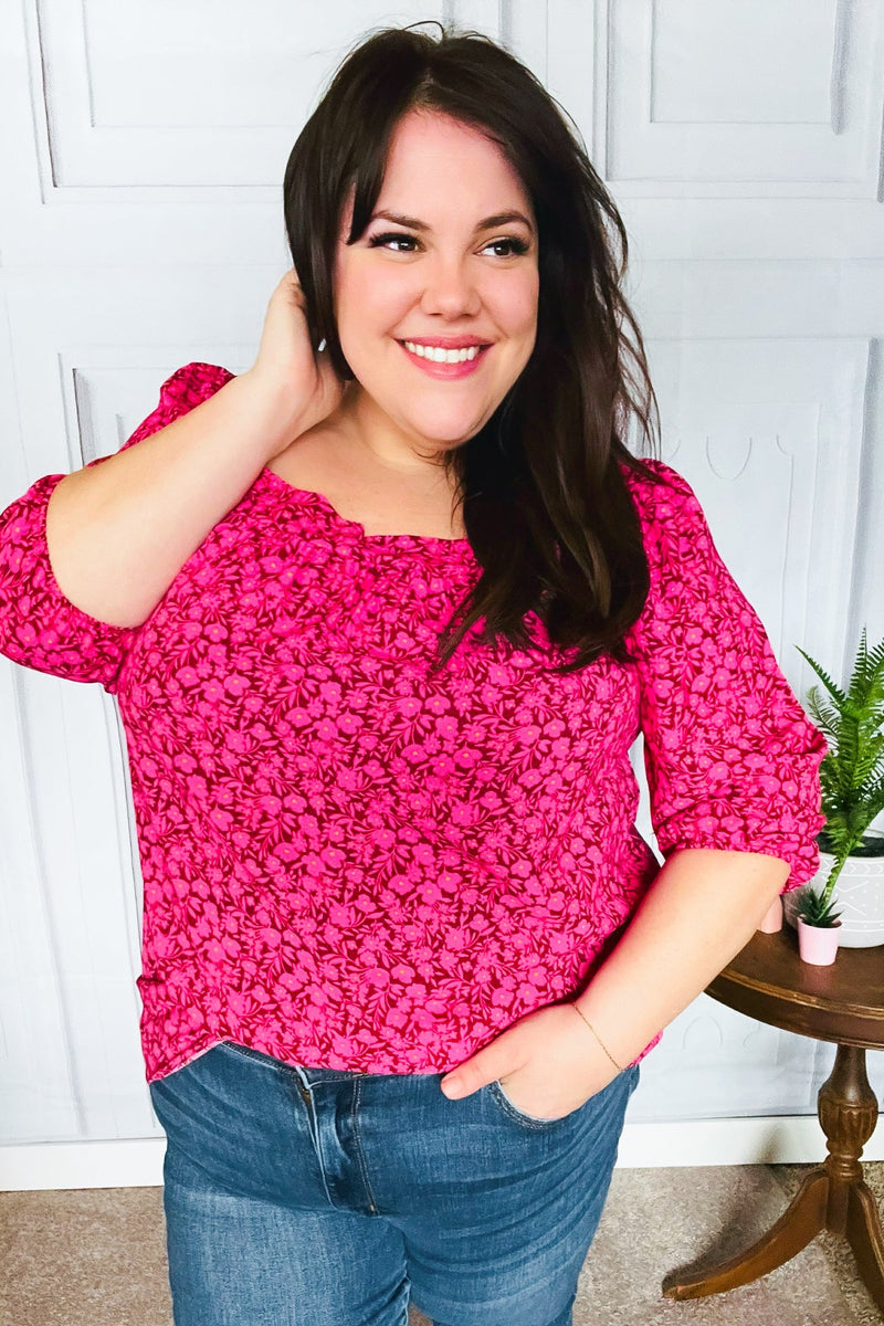 Perfectly You Fuchsia Floral Three Quarter Sleeve Square Neck Top