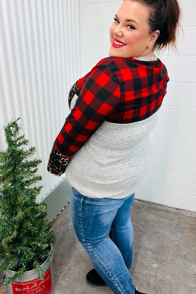 All Of Me Grey & Red Plaid Animal Print Pocketed Top