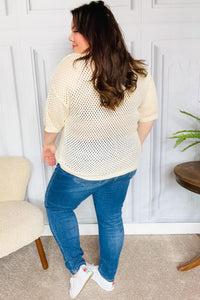 Can't Look Away Oatmeal Netted Crochet Collared Sweater Top