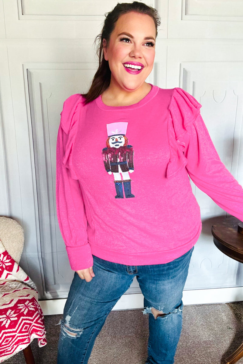 Holiday Hot Pink Sequin Nutcracker Ruffle Hacci Sweater