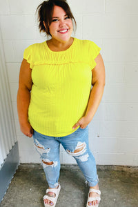 Yellow Wide Rib Frilled Short Sleeve Yoke Top