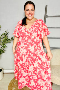 Hello Beautiful Coral Elastic V Neck Tiered Big Floral Maxi Dress