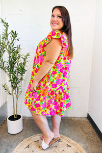 Be Charming Lime & Pink Floral Print Tiered Ruffle Sleeve Dress