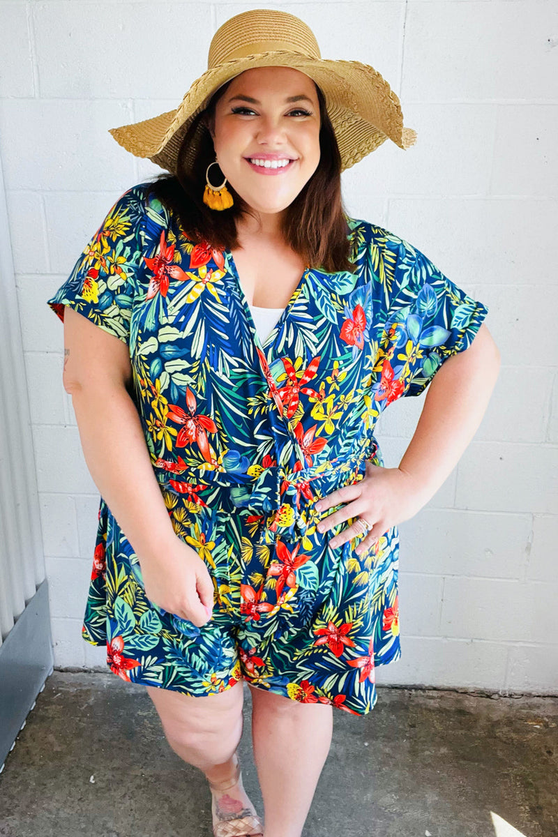 Navy Tropical Floral Surplice Romper