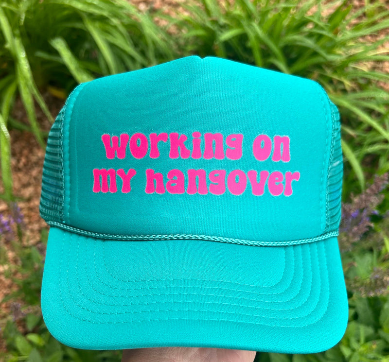 Working on My Hangover DTF Printed Black Trucker Hat