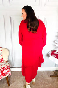 Beautiful You Holiday Red Overlap Ruffle V Neck Midi Dress