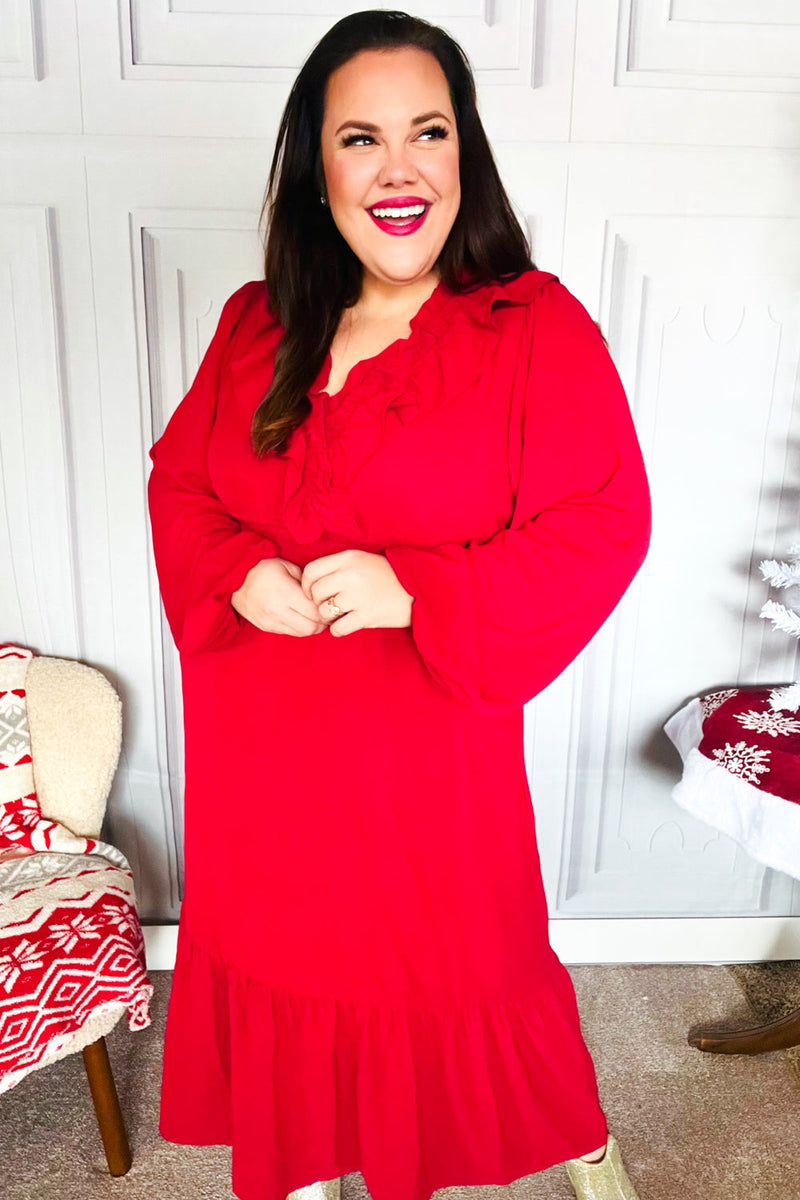 Beautiful You Holiday Red Overlap Ruffle V Neck Midi Dress