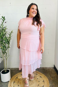 Beautiful You Blush Swiss Dot Asymmetric Tiered Smocked Lined Dress