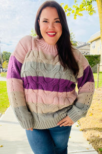 Fall For You Mauve Multicolor Stripe Cable Knit Mock Neck Sweater