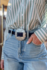 The Jessie Suede Concho Belt in Black