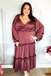 Holiday Vibes Wine Satin Front Overlap Smocked Back Maxi Dress