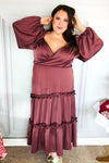 Holiday Vibes Wine Satin Front Overlap Smocked Back Maxi Dress