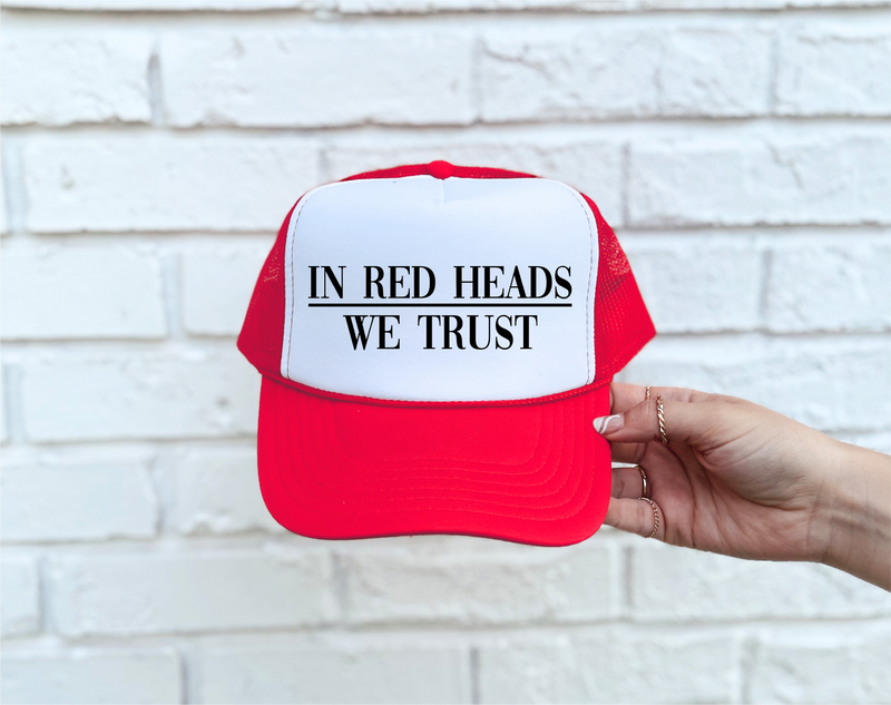 In Red Heads We Trust DTF Printed Red & White Trucker Hat