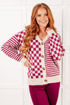 No Brainer Button Down Sweater Knit Cardigan in Magenta/Oatmeal