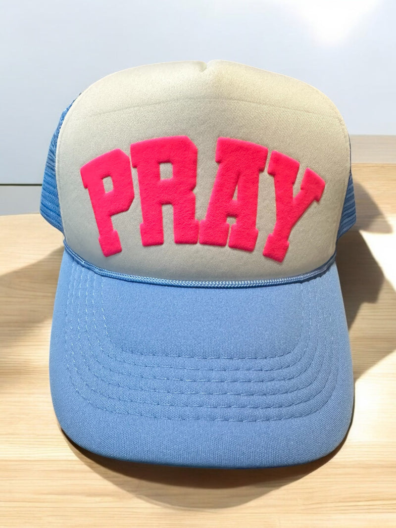 3D Puff Vinyl Pray Neon Pink on Columbia blue and White Foam Trucker Hat