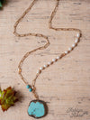 WILD WEST GLAM RHINESTONE TURQUOISE SLAB ON A PEARL BEADED GOLD LINKED CHAIN NECKLACE