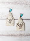 TAKE A NUMBER COWBOY WHITE COWHIDE SILVER COWSKULL STUD EARRINGS