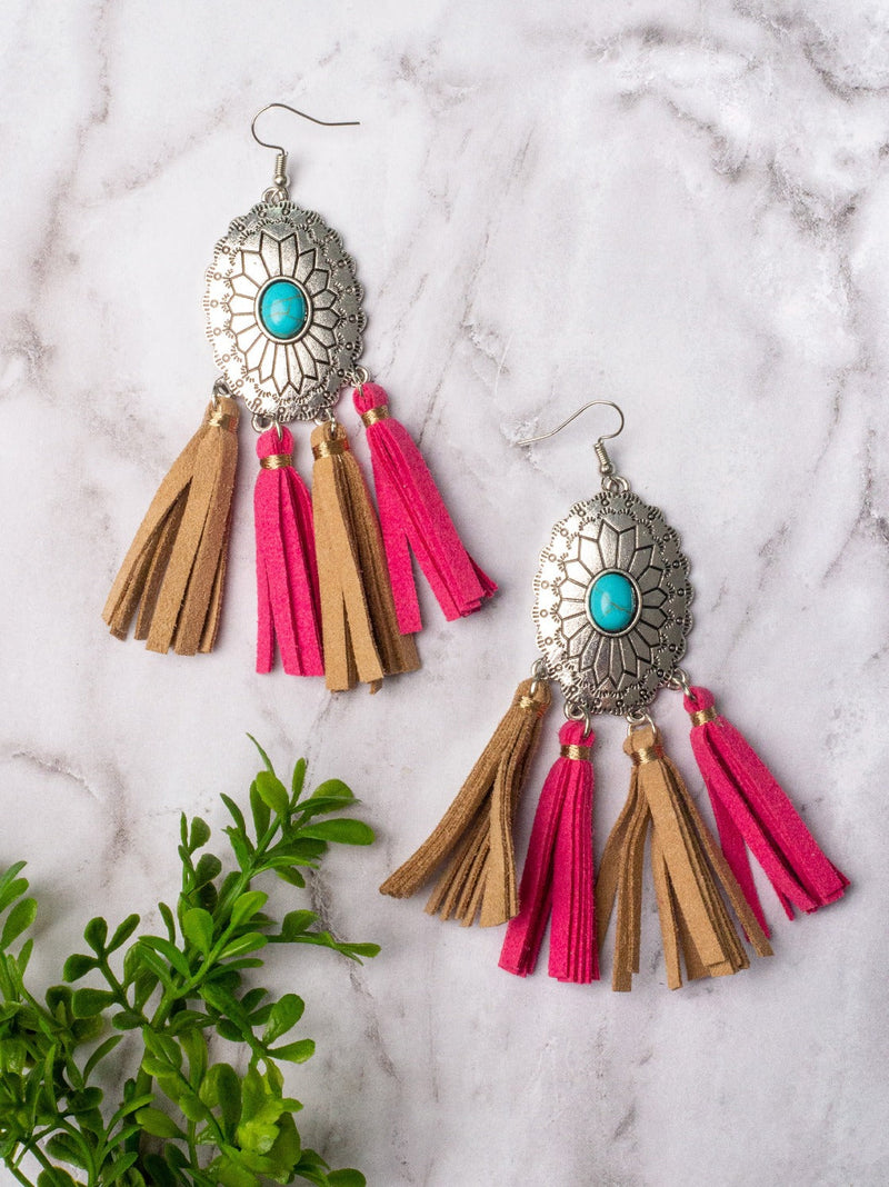 KICK ROCKS COWBOY TURQUOISE CONCHO WITH PINK AND TAN TASSELS DANGLE EARRINGS