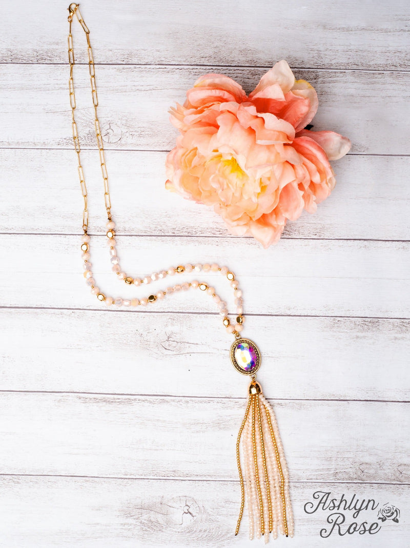 Crash My Party Iridescent Tassel Necklace, White