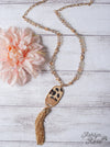 ALL THE DRAMA OVAL LEOPARD TASSEL GOLD PENDANT ON A IRIDESCENT CRYSTAL BEADED GOLD LINKED CHAIN NECKLACE