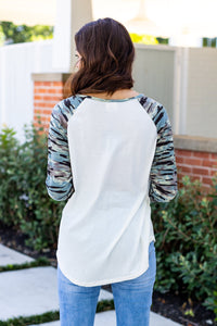 White Longsleeve Tee with Camo Print Sleeves