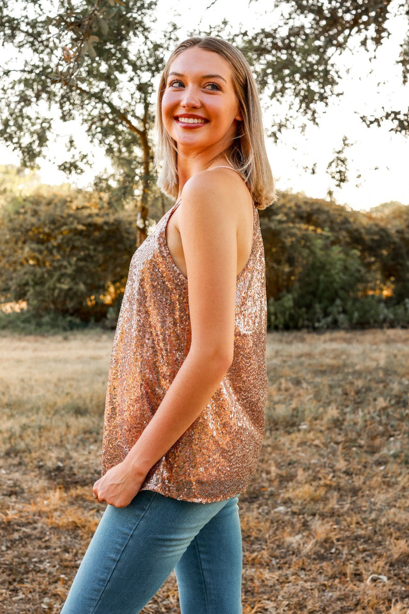 Stop The Show Sequin Tank in Rose Gold