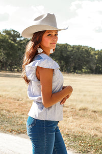 Total Cutie Blue Ruffle Top with Lace