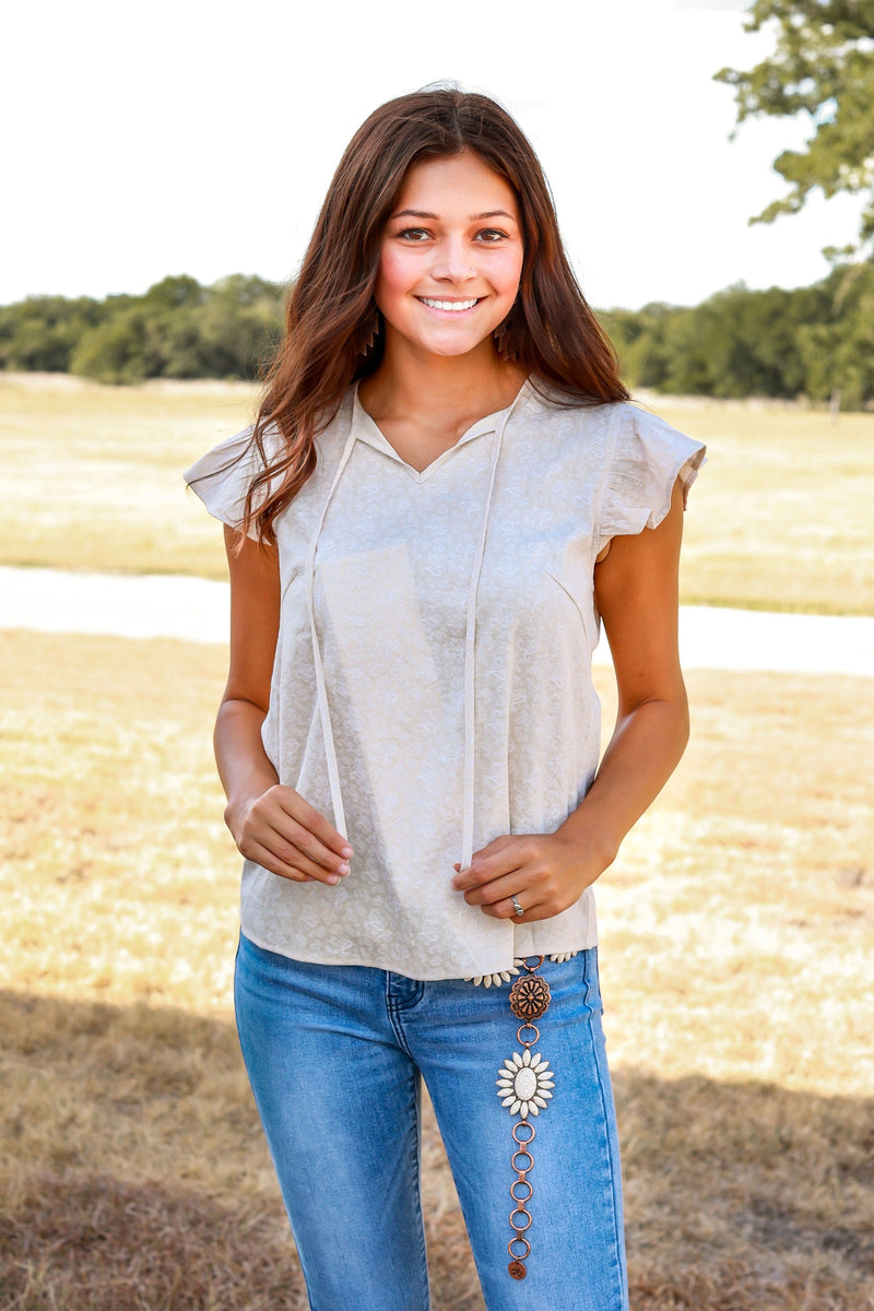 Total Cutie Beige Ruffle Top with Lace