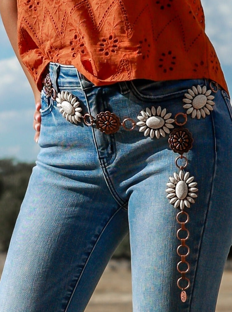 Forever Chasing Cowboys Copper Cream Floral Concho Link Belt