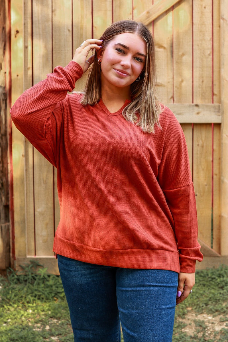 On The Down Low Waffle Knit Top in Rust