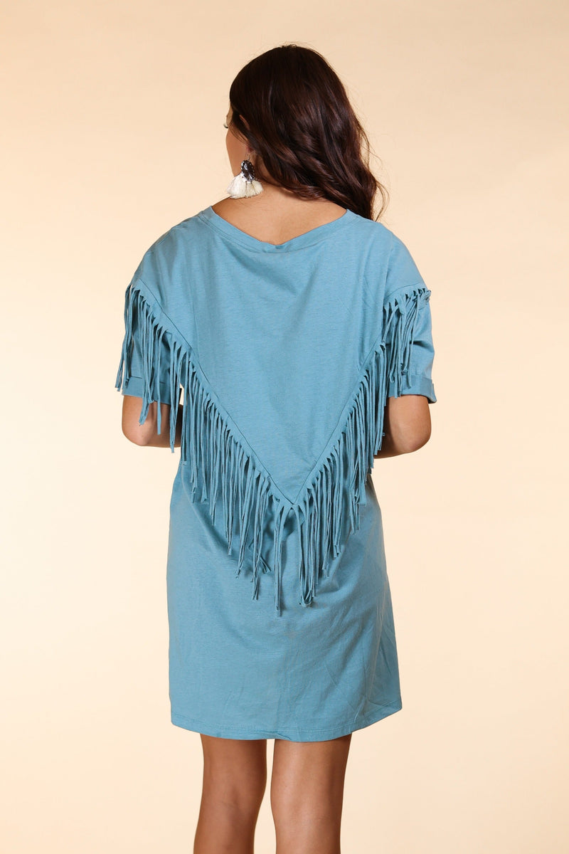 Just Leave Her Wild Fringe T-Shirt Dress, Sage