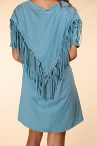 Just Leave Her Wild Fringe T-Shirt Dress, Sage