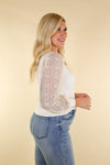 Ribbed Top with Lace Sleeves, White