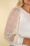 Ribbed Top with Lace Sleeves, White