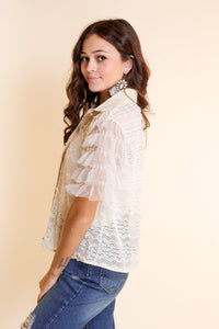 Hometown Honey Lace Button Down with Tulle Sleeve