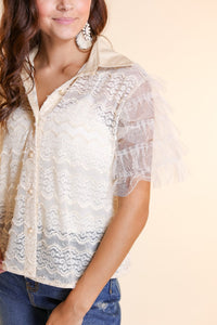 Hometown Honey Lace Button Down with Tulle Sleeve