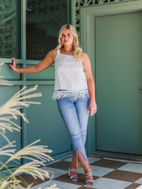 Mesh Top with Feathers, White