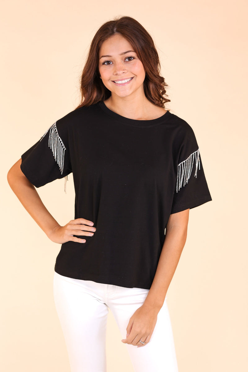 Glitzy Gal Black Tee With Rhinestone Fringe