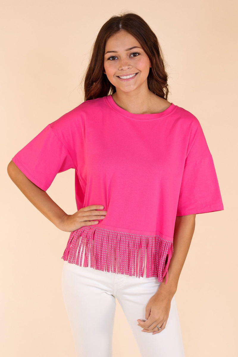 Here for the Show Studded Fringe Crop Top in Hot Pink