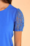 Blue Ribbed Tee With Lace Puff Sleeve