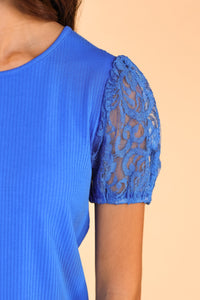 Blue Ribbed Tee With Lace Puff Sleeve
