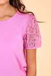 Pink Ribbed Tee With Lace Puff Sleeve