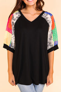 Slice and Dice Top with Black Body and Patchwork Sleeves