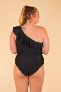 The Sophia Black One Shoulder One Piece with Ruffle