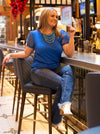 Blue Ribbed Tee With Lace Puff Sleeve