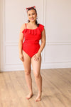 One Shoulder Ruffled One Piece Swim, Red