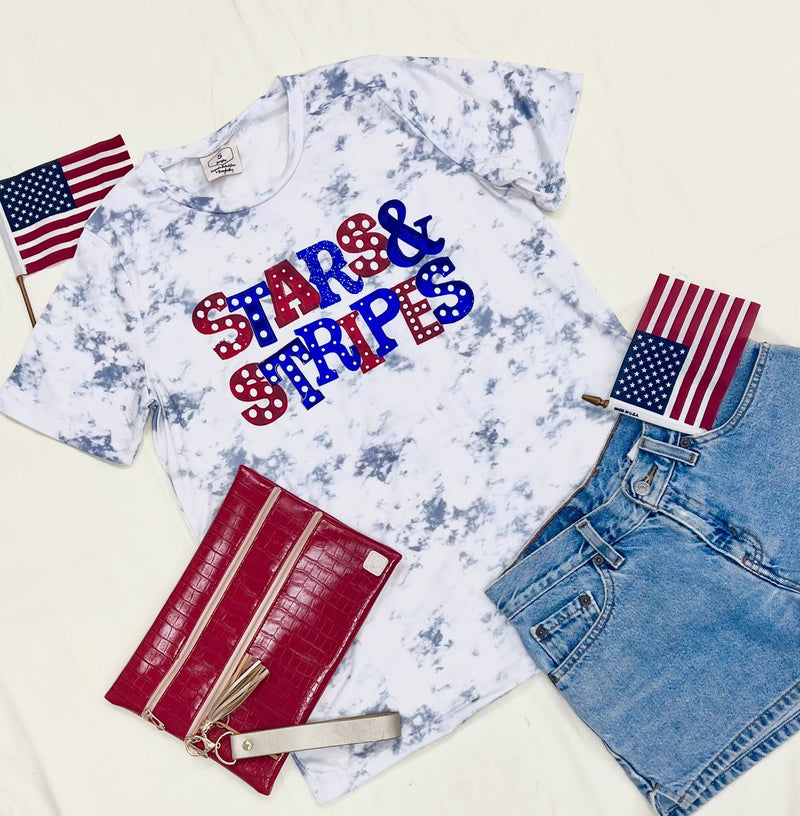 Stars & Stripes on White Marble Crew Neck Tee